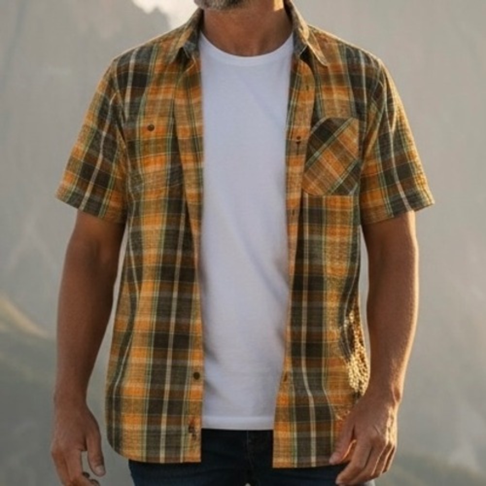 The North Face Mens Plaid Short Sleeve Button Down Shirt LG Orange Brown Green